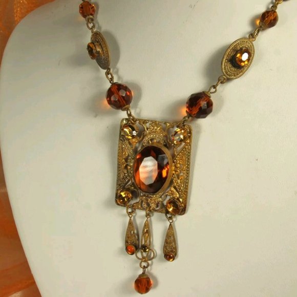 ART DECO CZECH Necklace 1930s Signed Lavalier TOPAZ CITRINE PASTE 15 in Choker - Picture 4 of 12